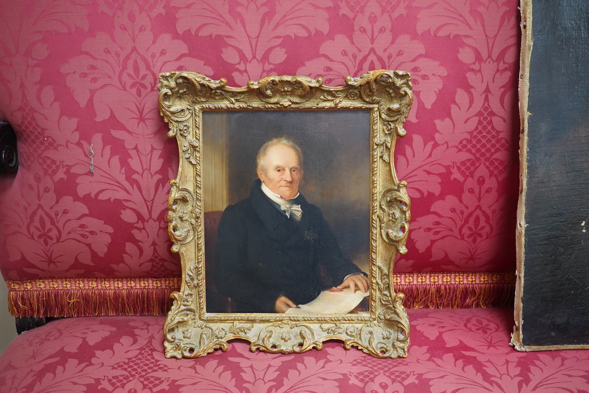 John Bridges (fl.1818-1854), mid 19th century oil on board, Portrait of Robert Morrell Esq., monogrammed and inscribed in ink verso ‘Bridges of Oxford 1846’, 29 x 24cm, ornately framed. Condition - good